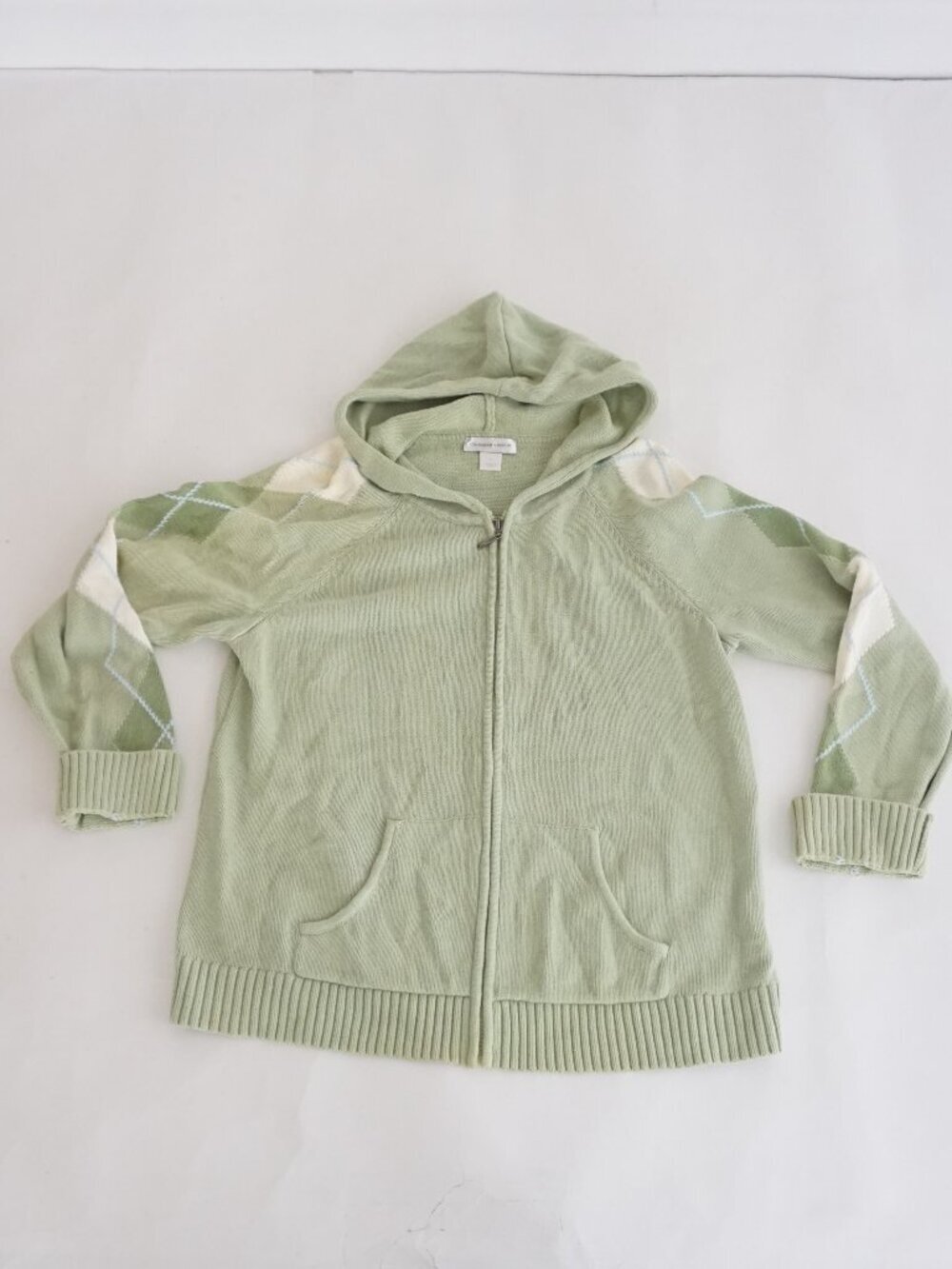 Christopher Banks Green Argyle Hooded Zip Front Preppy Checker Cardigan XL